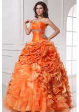 Sweetheart Beading and Rolling Flowers A Line Orange Quinceanera Dress