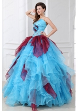 Aqua and Wine Red Strapless Beading and Ruching Quinceanera Dress
