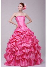 Rose Pink Strapless Hand Made Flowers and Pick Ups Quinceanera Dress