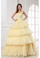 Light Yellow One Shoulder Beading and Pleats A Line Quinceanera Dress