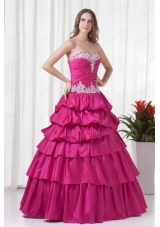 A Line Sweetheart Hot Pink Taffeta Appliques Long Quinceanera Dress