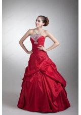 Wine Red A Line Strapless Taffeta Quinceanera Dress with Beading