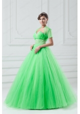 Spring Green Sweetheart Beaded Decorate Quinceanera Dress in Long