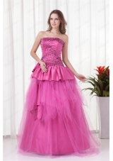 A Line Strapless Beading and Bowknot Quinceanera Dress in Hot Pink