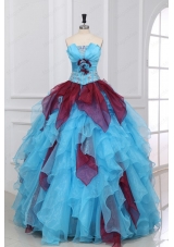 Strapless Beading and Ruching Quinceanera Dress in Aqua and Wine Red