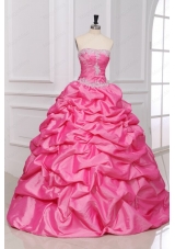 Rose Pink Strapless Appliques and Pick Ups Quinceanera Dress with Taffeta