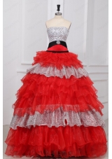 Strapless Beaded Decorate Organza Quinceanera Dress in Red and White