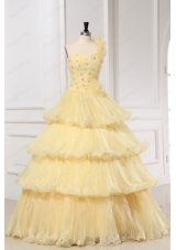 Light Yellow One Shoulder A Line Quinceanera Dress with Beading and Pleats