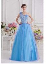 A Line One Shoulder Blue Quinceanera Dress with Appliques Hand Made Flower