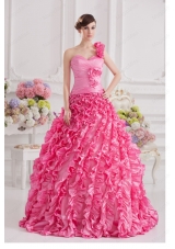 Hot Pink Ball Gown One Shoulder Taffeta Quinceanera Dress