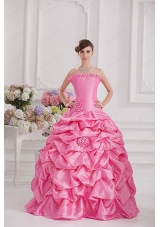 Ball Gown Strapless Pick Ups Rose Pink Quinceanera Dress with Hand Made Flowers