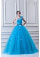 Princess One Shoulder Appliques Sky Blue 2015 Quinceanera Dress