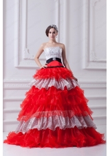 Elegant Strapless Beading Ruflled Layers Red Quinceanera Dress for 2015