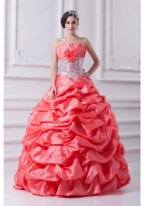 2015 Watermelon Ball Gown Strapless Beading Quinceanera Dress with Side Zipper