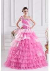 Rose Pink One Shoulder Beading Quinceanera Dress with Ruffled Layers