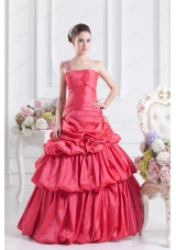 Cheap Coral Red One Shoulder Ball Gown Quinceanera Dress with Pick Ups