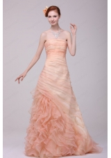 A Line Strapless Watermelon Zipper Up Organza Prom Dress with Ruching