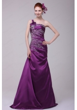 Column One Shoulder Lace Up Beading Taffeta Purple Prom Dress