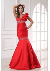 Sexy Mermaid One Shoulder Floor Length Beading Red Taffeta Prom Dress