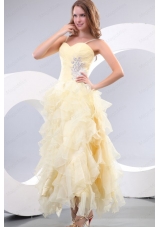 Sweetheart Organza Ankle Length Beading and Ruffles Yellow Prom Dress