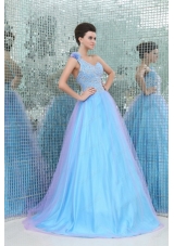 Lovely Princess One Shoulder Beading Tulle Floor Length Blue Prom Dress