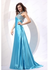 Aqua Blue Halter Top Neck Beading Prom Dress with Sweet Train