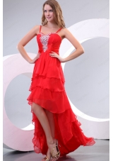 Red Empire Spaghetti Straps Beading High Low Prom Dress