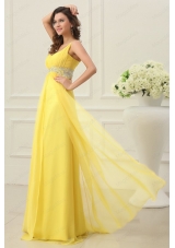 One Shoulder Yellow Empire Chiffon Beading Prom Dress
