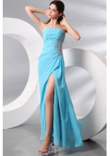 Strapless Aqua Blue Floor Length Appliques and High Silt Prom Dress