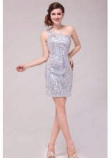 Column Sliver One Shoulder Sequins Mini Length Prom Dress