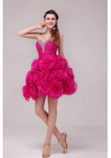 A Line Hot Pink Sweetheart Knee Length Hand Made Flowers Prom Dress