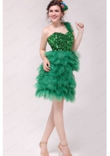 Green A Line One Shoulder Sequins and Ruffles Prom Dress