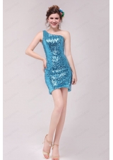 Column Blue One Shoulder Sequin Mini Length Prom Dress