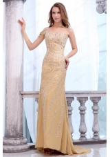 Brush Train Column One Shoulder Gold Prom Dress with Beading