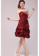 Strapless Knee Length Burgundy Prom Dress with Pick Ups and Beading