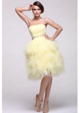 Light Yellow A Line Strapless Beading Prom Dress with Layers