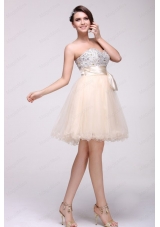 Champagne A Line Sweetheart Beading Knee Length Prom Dress