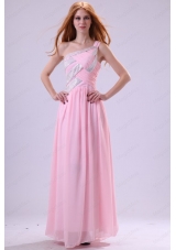 Pretty Empire One Shoulder Floor Length Pink Beading Chiffon Prom Dress