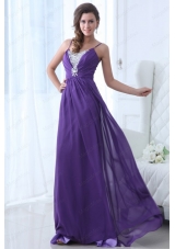 Simple Empire Straps Floor Length Chiffon Beading Purple Prom Dress