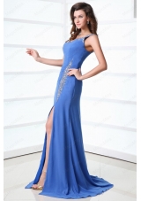 Column Blue One Shoulder Beading and Ruching High Slit Prom Dress