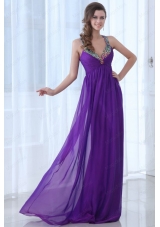 Empire Eggplant Purple Beading Straps Ruching Chiffon Prom Dress