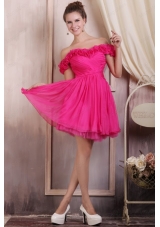 Hot Pink Short Mini Length Prom Dress with Off The Shoulder Flowers