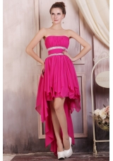Hot Pink High Low Prom Dress with Beading and Ruching