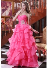 Hot Pink A Line Sweetheart Prom Dress with Beading and Ruffles