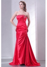 Strapless Coral Red A Line Sweep Train Beaded Decorate Prom Dress