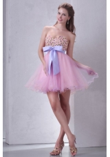 Beaded Decorate Brust Sweetheart Mini Length Baby Pink Prom Dress