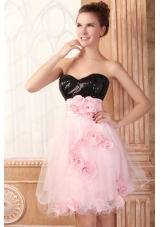 Black and Pink Sweetheart Hand Made Flowers Mini Length Prom Dress
