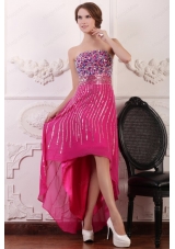 Rhinestone and Beading Strapless HighLow Chiffon Hot Pink Prom Dress