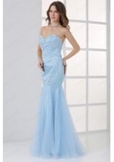 Mermaid Sweetheart Floor Length Light Blue Prom Dress with Beading