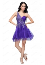 A Line Purple One Shoulder Beading Tulle Prom Dress